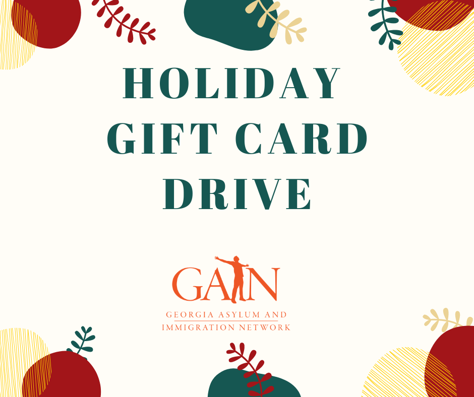 Text reads: GAIN Holiday Gift Card Drive against a background of green, white, and red dots.