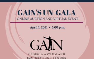 Image is a rosy beige swirl that includes the GAIN logo and reads: save the date! GAIN's Un-Gala online auction and virtual event, April 1, 2021, 5:00 p.m.