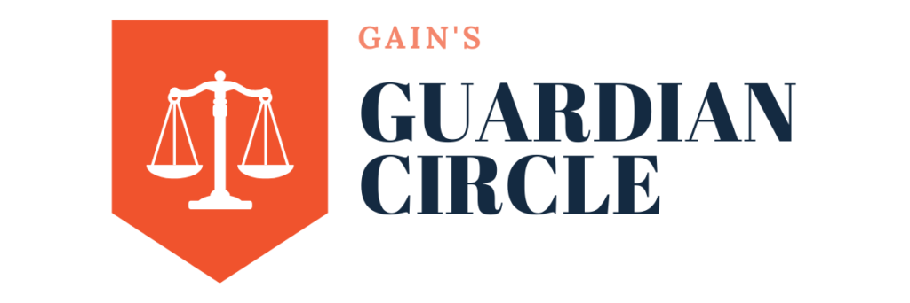 GAIN's Guardian Circle: logo includes an orange banner with a white outline of the scales of justice